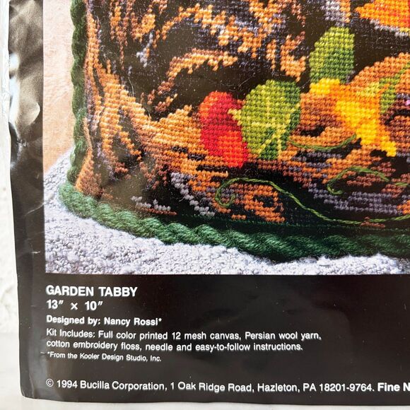 Bucilla Garden Tabby Cat Needlepoint Kit 13" x 10" Pillow Cover Vintage 1994 - Picture 2 of 4